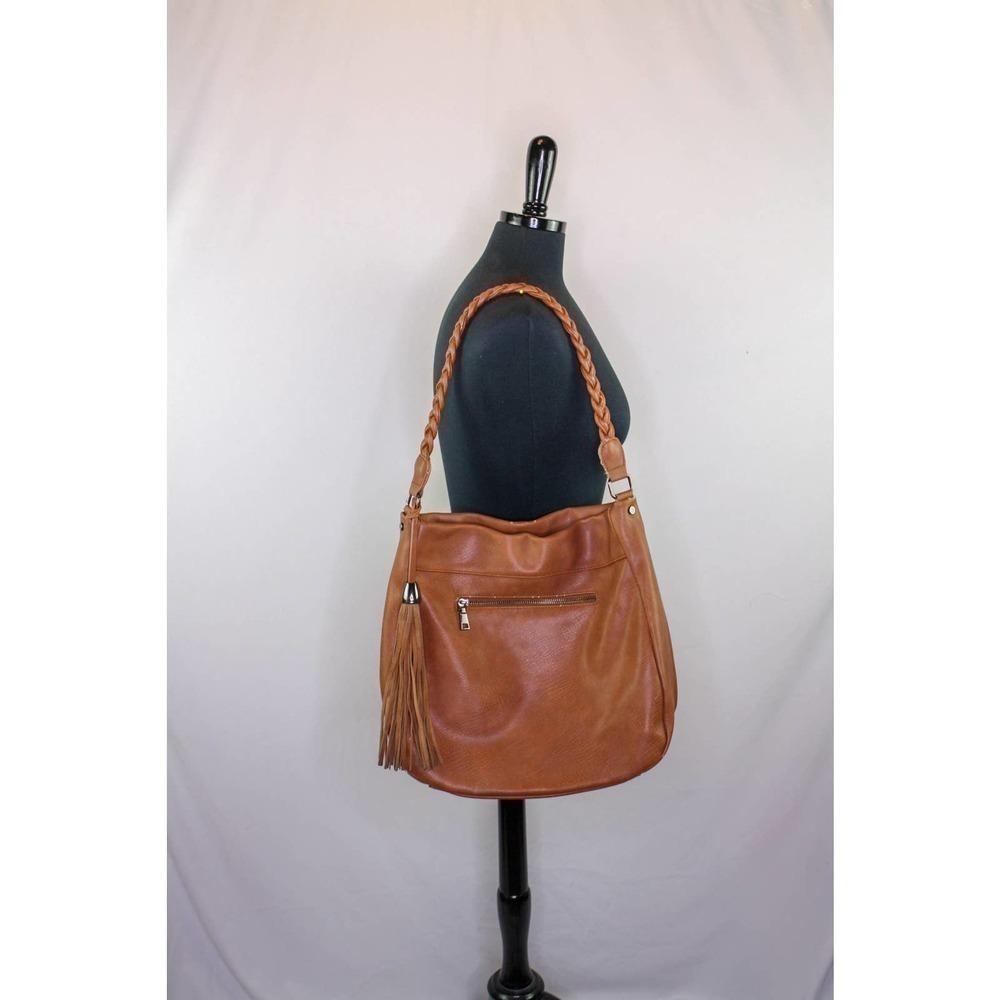 Antik Kraft Braided Handle Hobo Bag Shoulder Bag Purse Brown Faux Leather Tassel - Picture 2 of 8